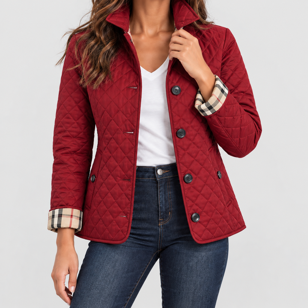 Women's Diamond-Quilted Jacket with Contrast Check Cuffs in Red Wine — view 1