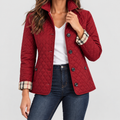 Women's Diamond-Quilted Jacket with Contrast Check Cuffs in Red Wine — view 1