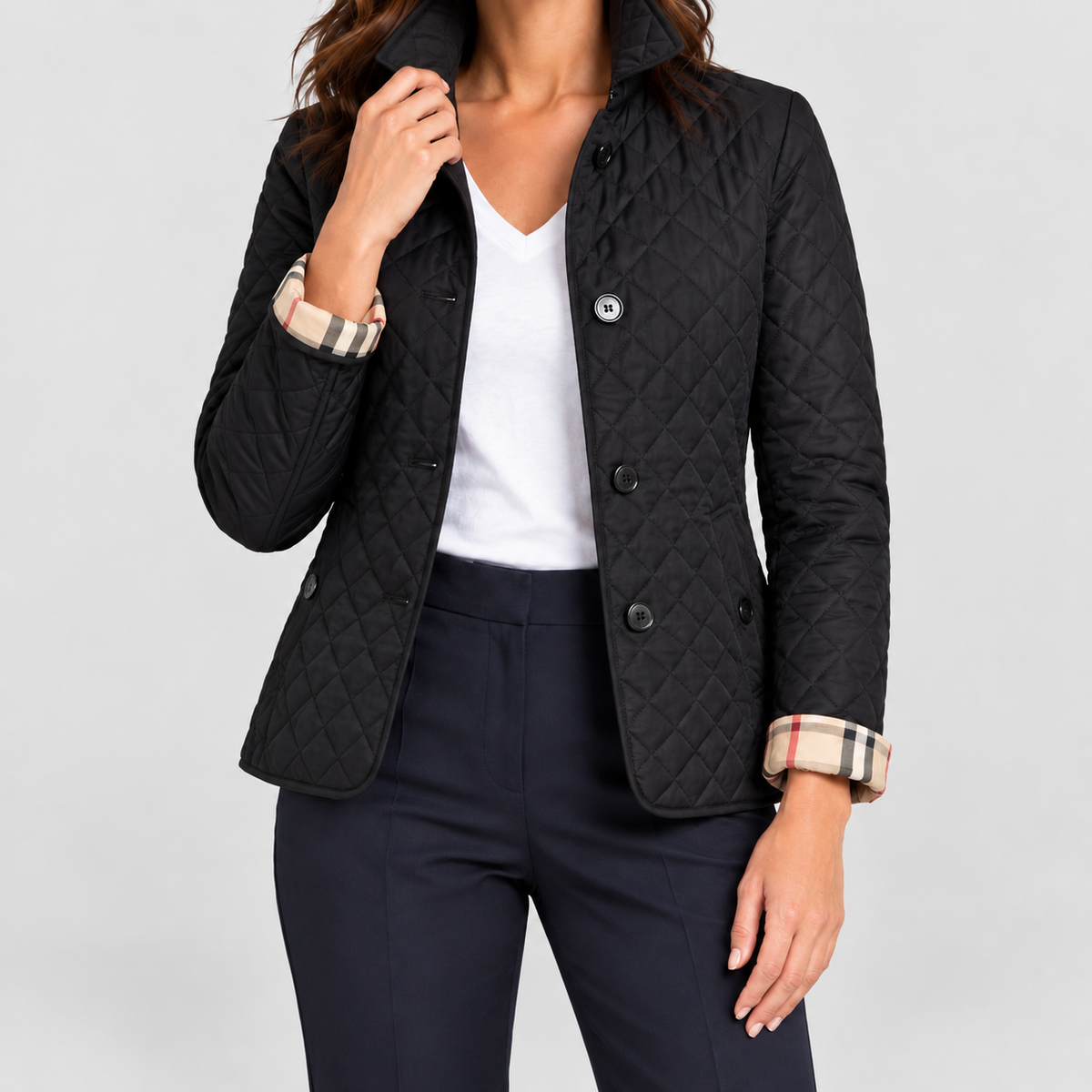 Women's Diamond-Quilted Jacket with Contrast Check Cuffs in Black — view 2