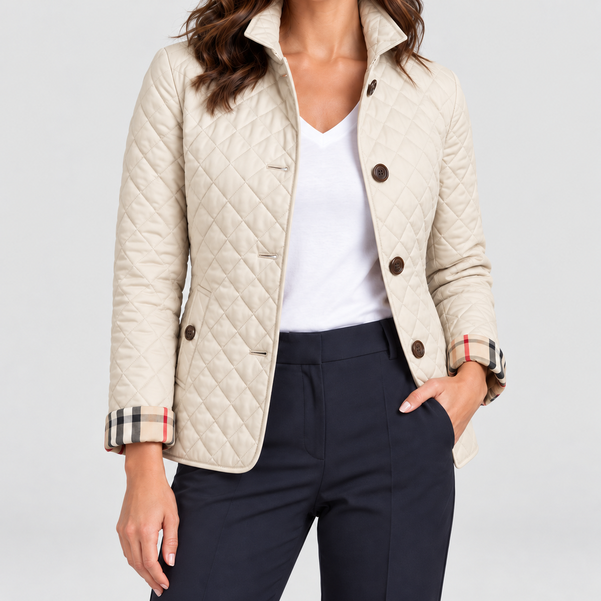 Women's Diamond-Quilted Jacket with Contrast Check Cuffs in Off-White — view 4