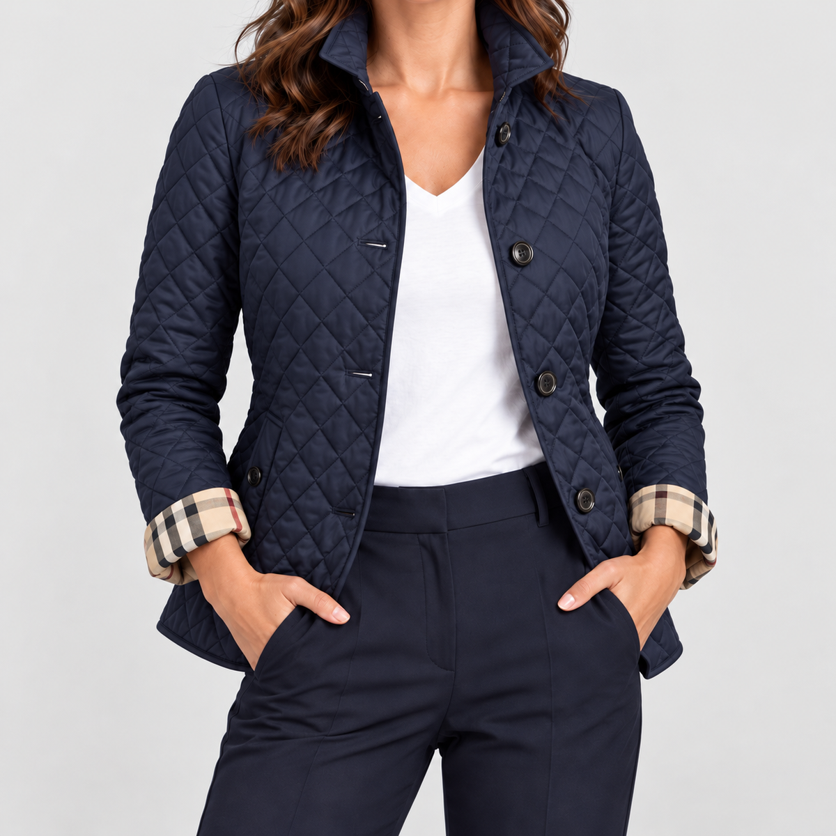 Women's Diamond-Quilted Jacket with Contrast Check Cuffs in Navy — view 5