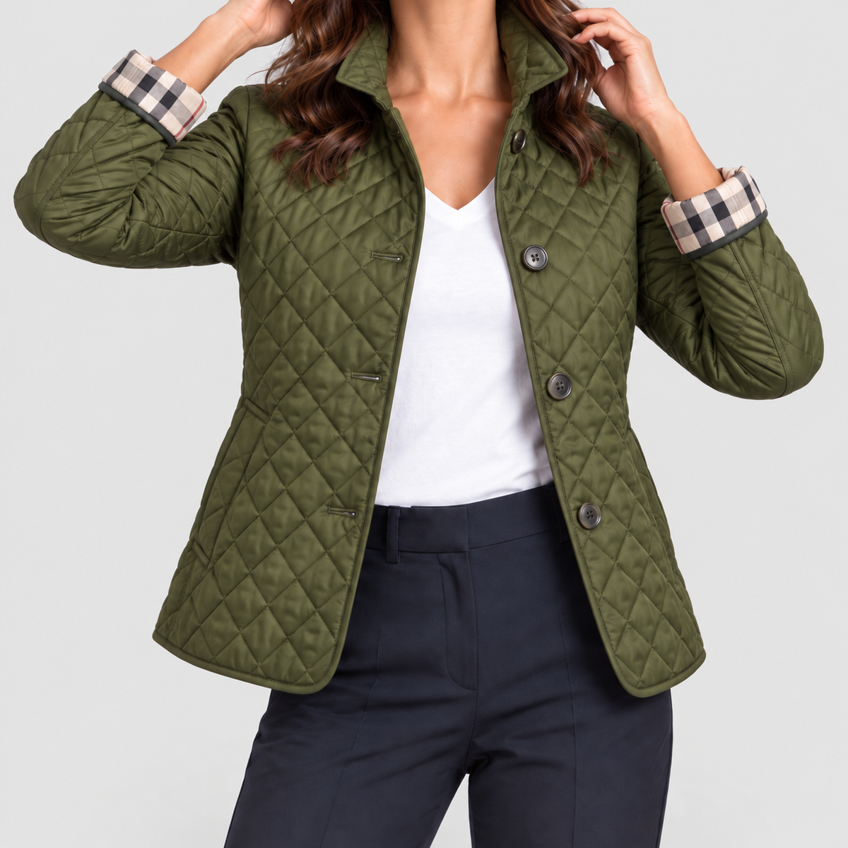 Women's Diamond-Quilted Jacket with Contrast Check Cuffs in Army Green — view 6