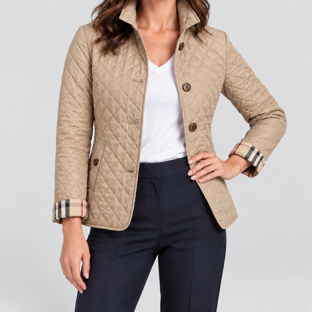 Women's Diamond-Quilted Jacket with Contrast Check Cuffs in Khaki — view 7