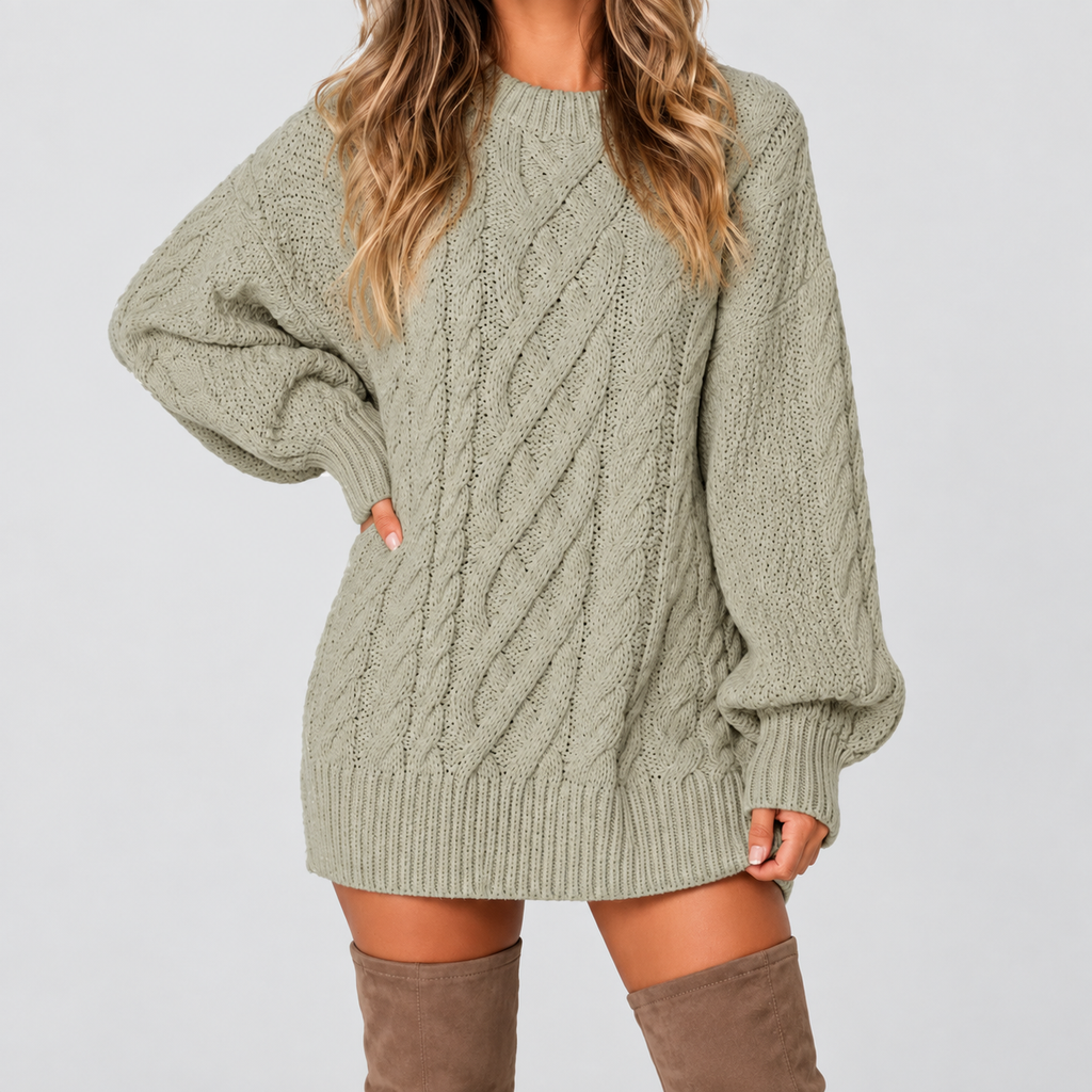 Women's Oversized Cable Knit Jumper Dress with Long Sleeves in Green — view 5