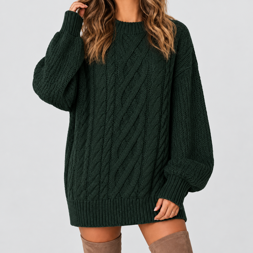 Women's Oversized Cable Knit Jumper Dress with Long Sleeves in Dark Green — view 6