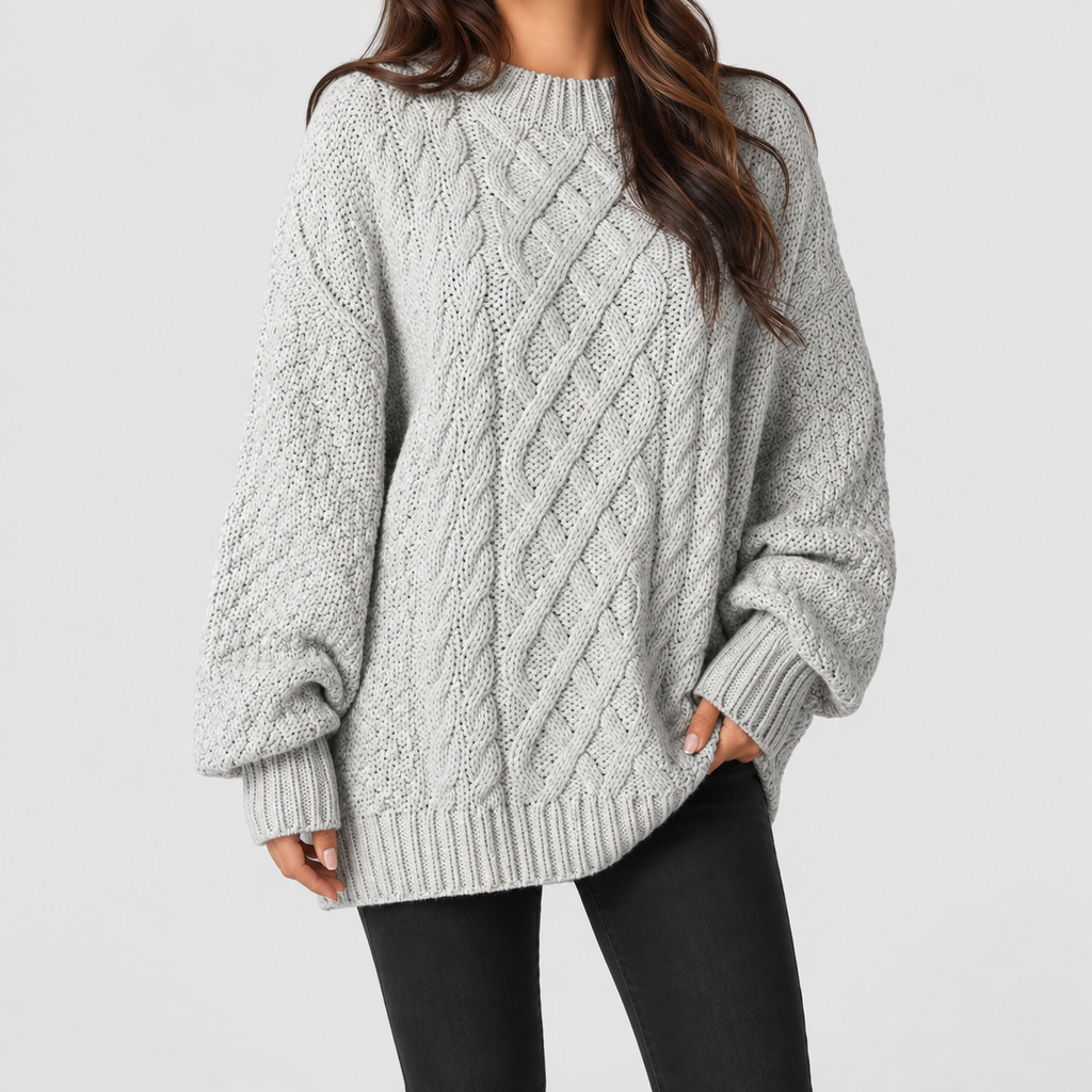 Women's Oversized Cable Knit Jumper Dress with Long Sleeves in Grey — view 10