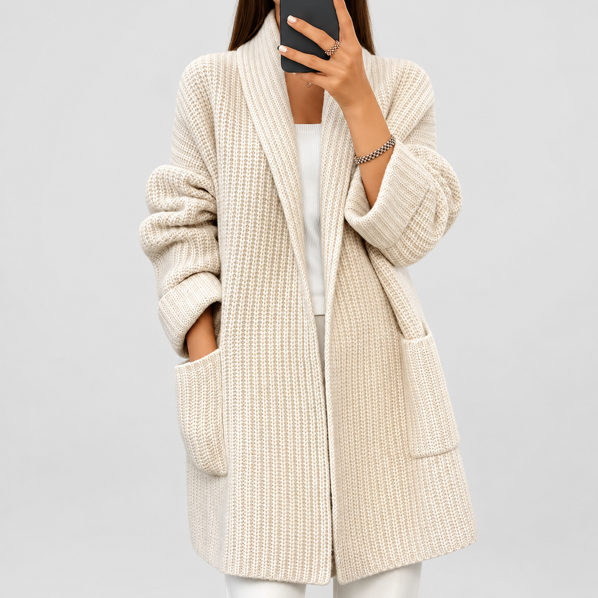Women's Open-Front Knit Cardigan with Pockets in Cream — view 1