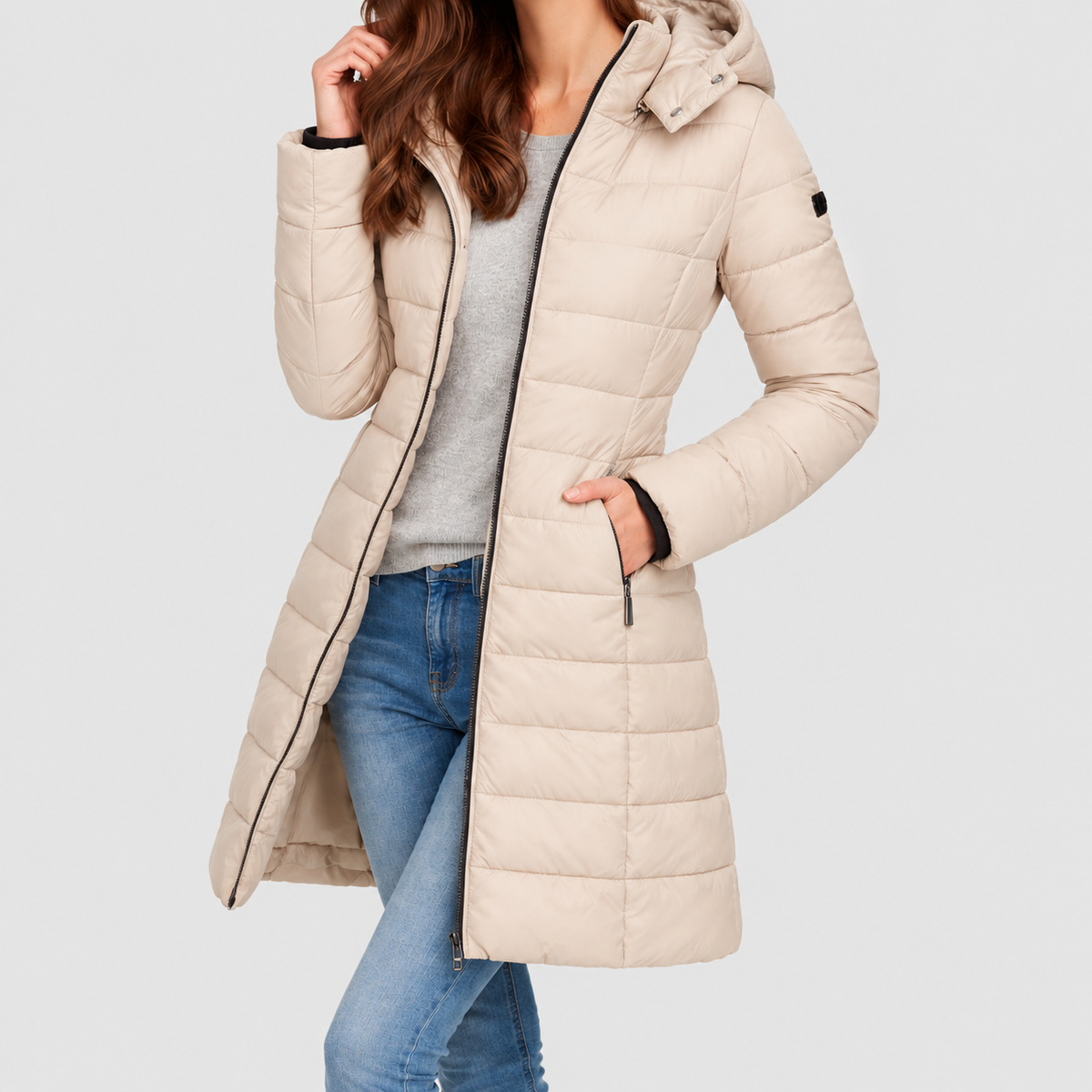 Women's Hooded Zip-Up Quilted Jacket in Khaki — view 7