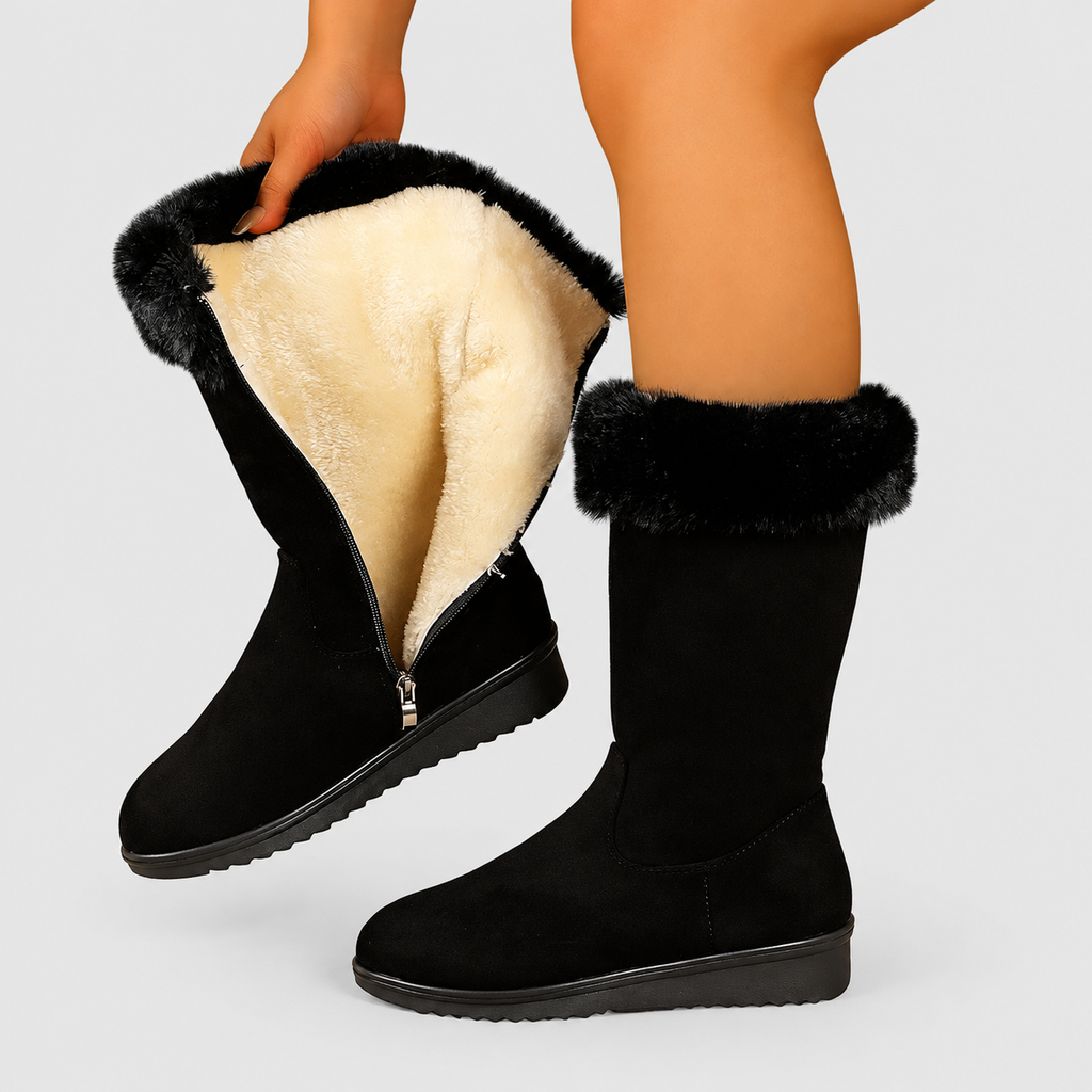 Women's Faux-Fur-Lined Mid-Calf Zip Boots in Black — view 1