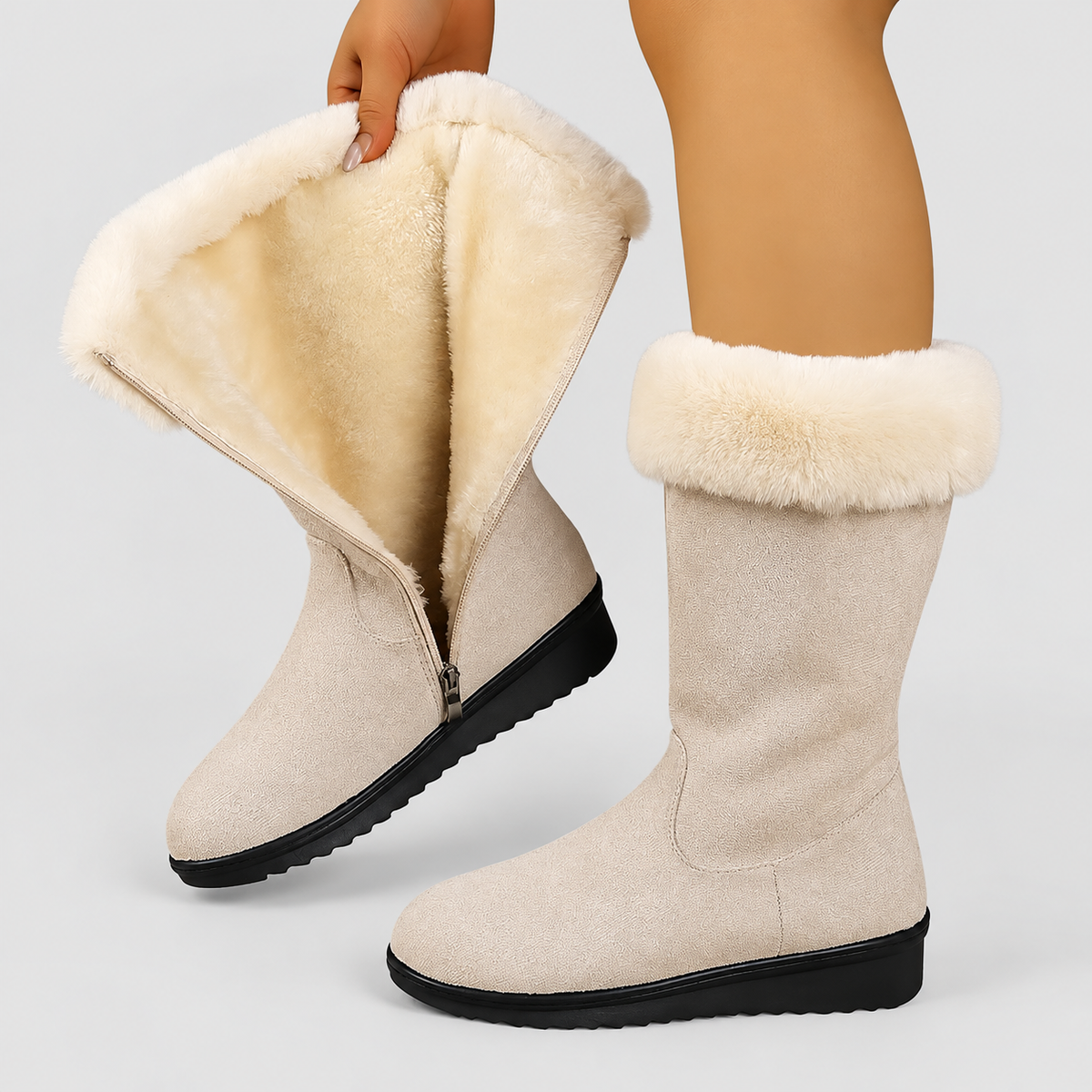 Women's Faux-Fur-Lined Mid-Calf Zip Boots in Beige — view 2
