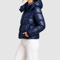 Women's Hooded Puffer Jacket with Glossy Finish in Navy — view 1
