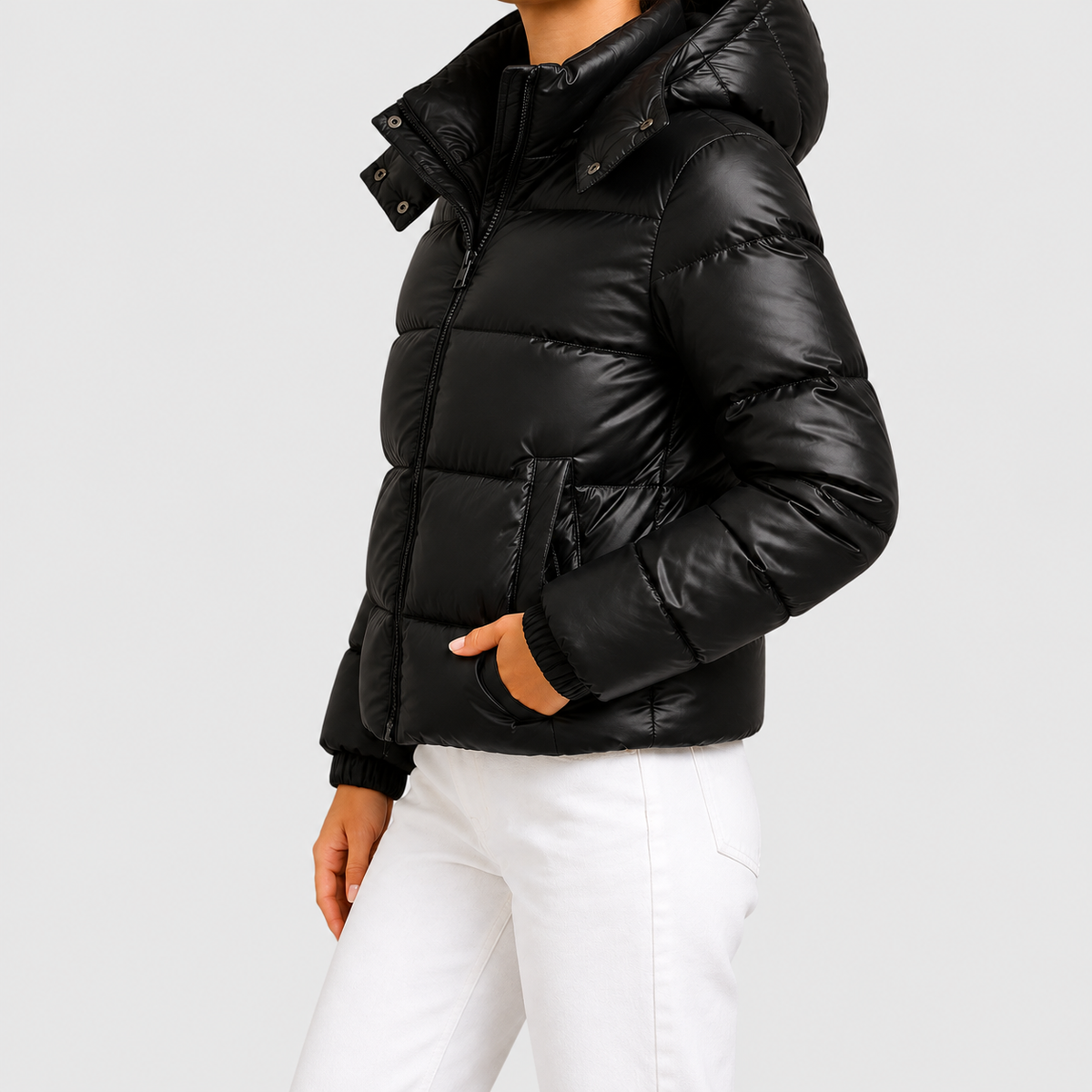 Women's Hooded Puffer Jacket with Glossy Finish in Black — view 3