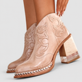 Women's Western Ankle Boots with Block Heel and Stud Trim in Pink — view 1