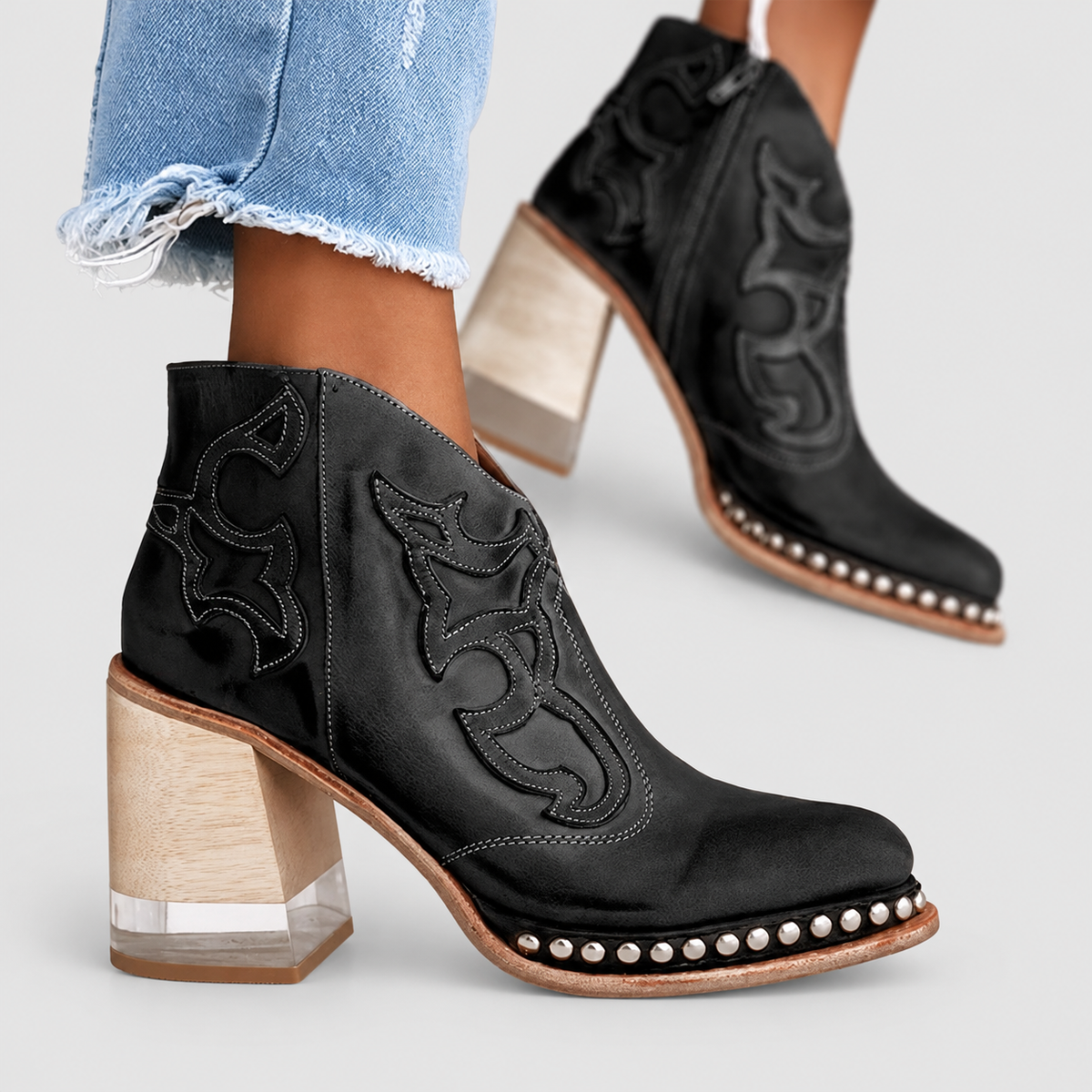 Women's Western Ankle Boots with Block Heel and Stud Trim in Black — view 2