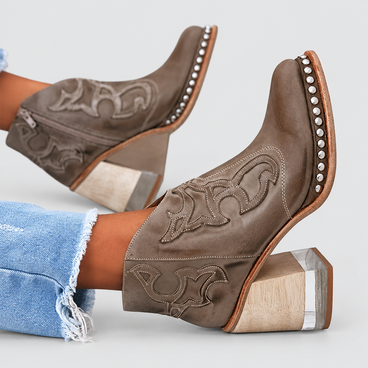 Women's Western Ankle Boots with Block Heel and Stud Trim in Brown — view 3