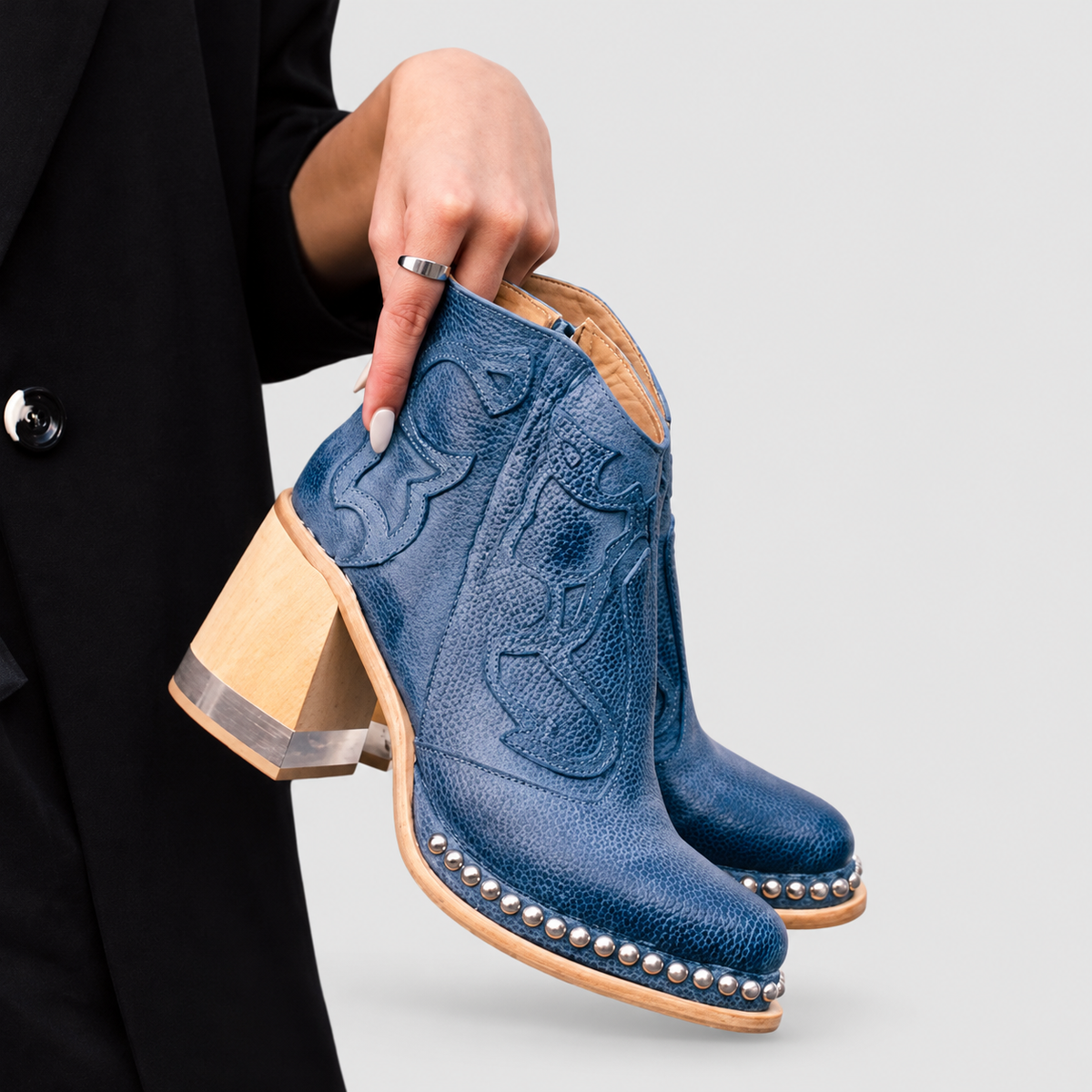Women's Western Ankle Boots with Block Heel and Stud Trim in Blue — view 4