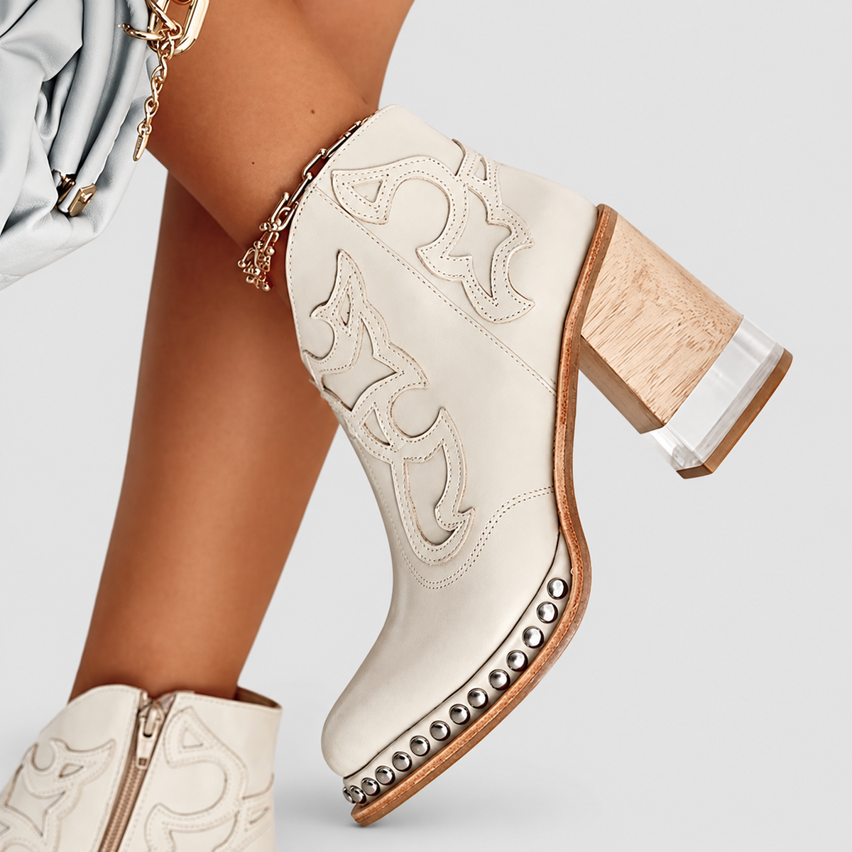 Women's Western Ankle Boots with Block Heel and Stud Trim in White — view 5