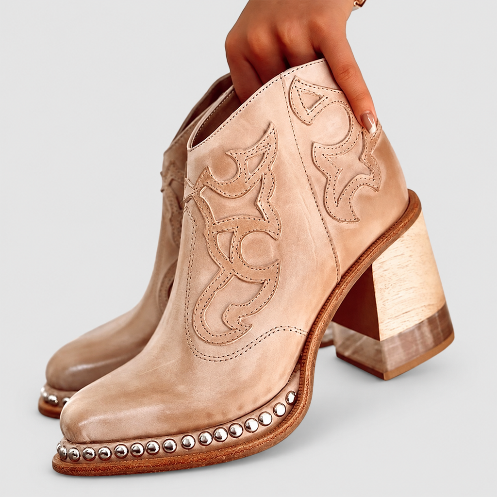Women's Western Ankle Boots with Block Heel and Stud Trim — view 6