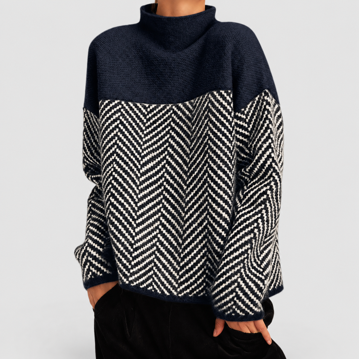 Women's Oversized Herringbone Roll-Neck Jumper in Midnight Blue — view 2