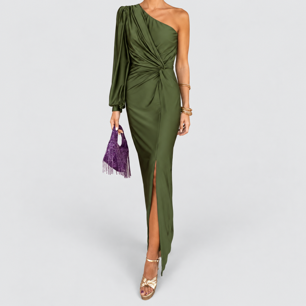Women's One-Shoulder Twist-Front Maxi Dress with Split Hem in Olive Green — view 1