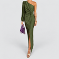 Women's One-Shoulder Twist-Front Maxi Dress with Split Hem in Olive Green — view 1