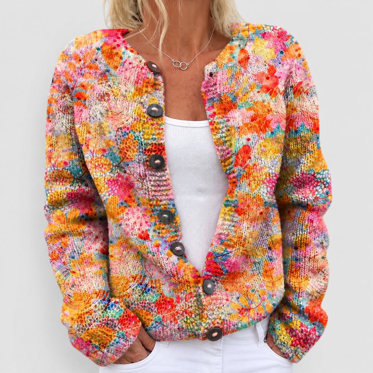 Women's Floral Print Open-Front Cardigan with Button Detail — view 1