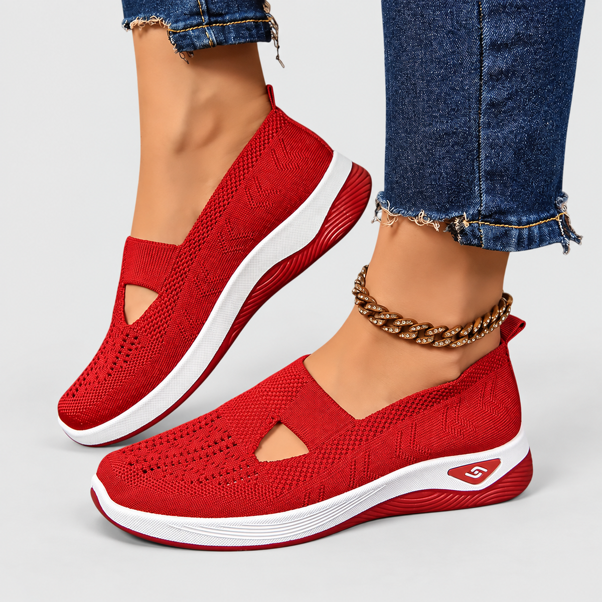 Women's Cut-Out Knit Slip-On Shoes in Red — view 11