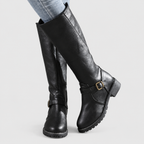 Women's Riding-Style Faux Leather Knee-High Boots with Buckle Strap — view 1