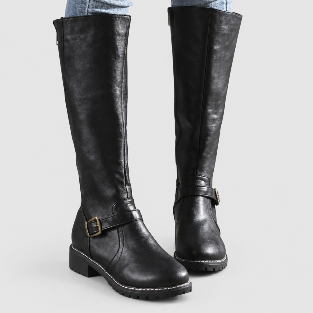 Women's Riding-Style Faux Leather Knee-High Boots with Buckle Strap in Black — view 2