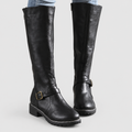 Women's Riding-Style Faux Leather Knee-High Boots with Buckle Strap in Black — view 2