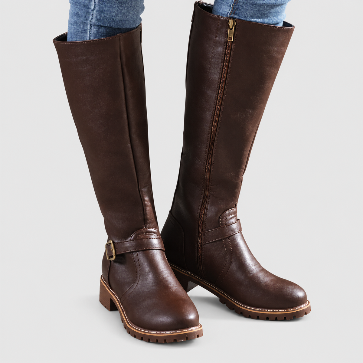 Women's Riding-Style Faux Leather Knee-High Boots with Buckle Strap in Dark Brown — view 3