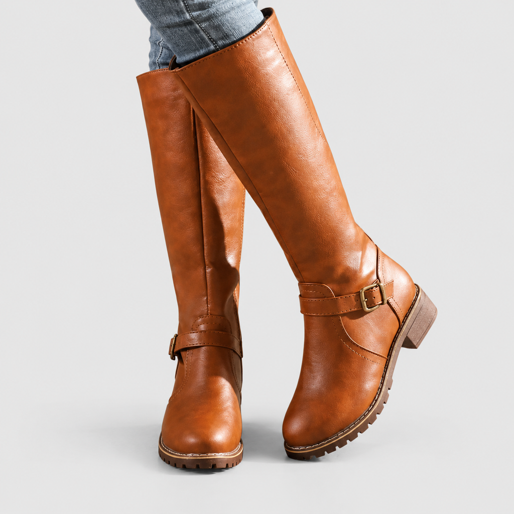 Women's Riding-Style Faux Leather Knee-High Boots with Buckle Strap — view 5