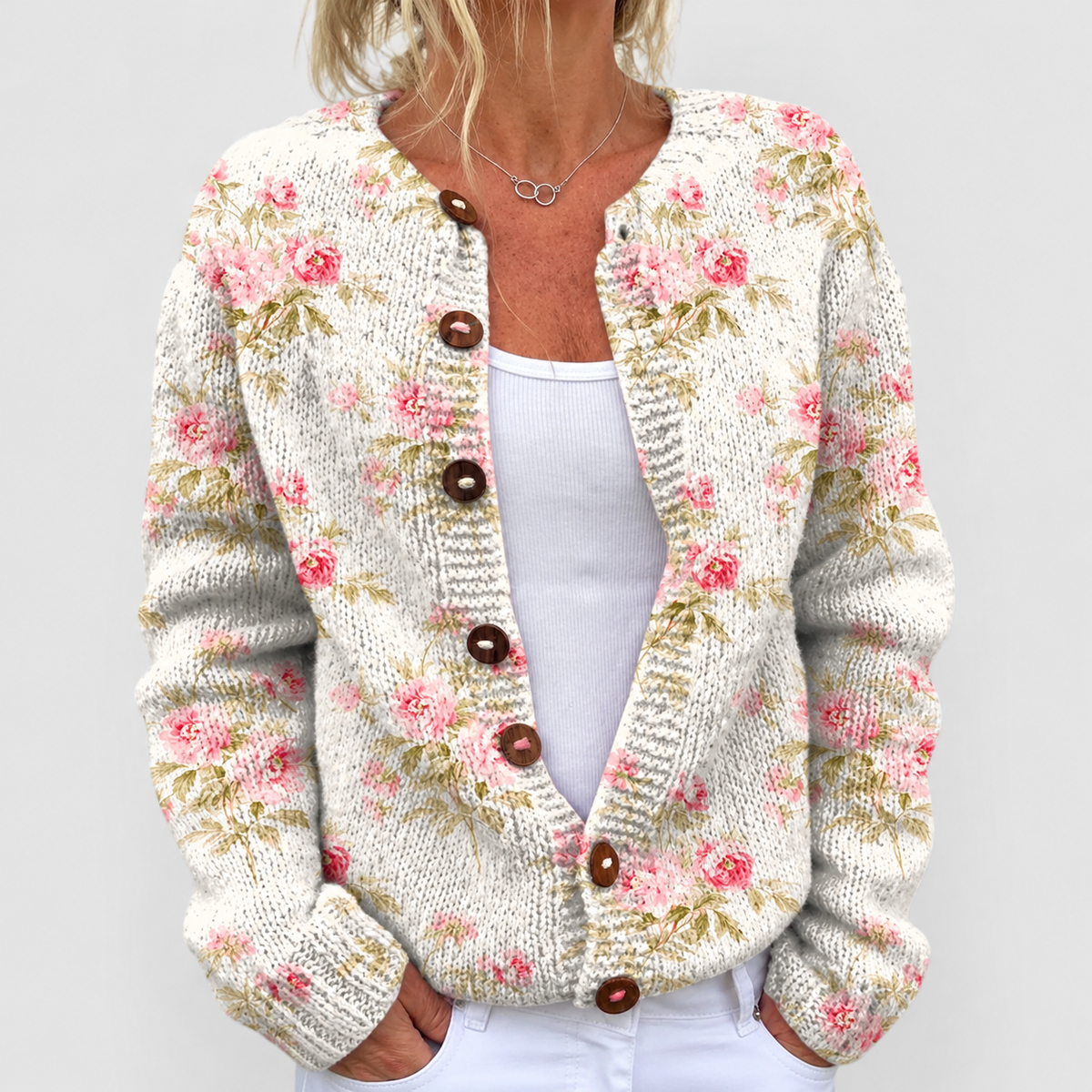 Women's Floral Knit Button-Up Cardigan in Multicolour — view 1