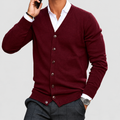 Men's V-Neck Button-Front Knit Cardigan with Ribbed Cuffs in Burgundy — view 1