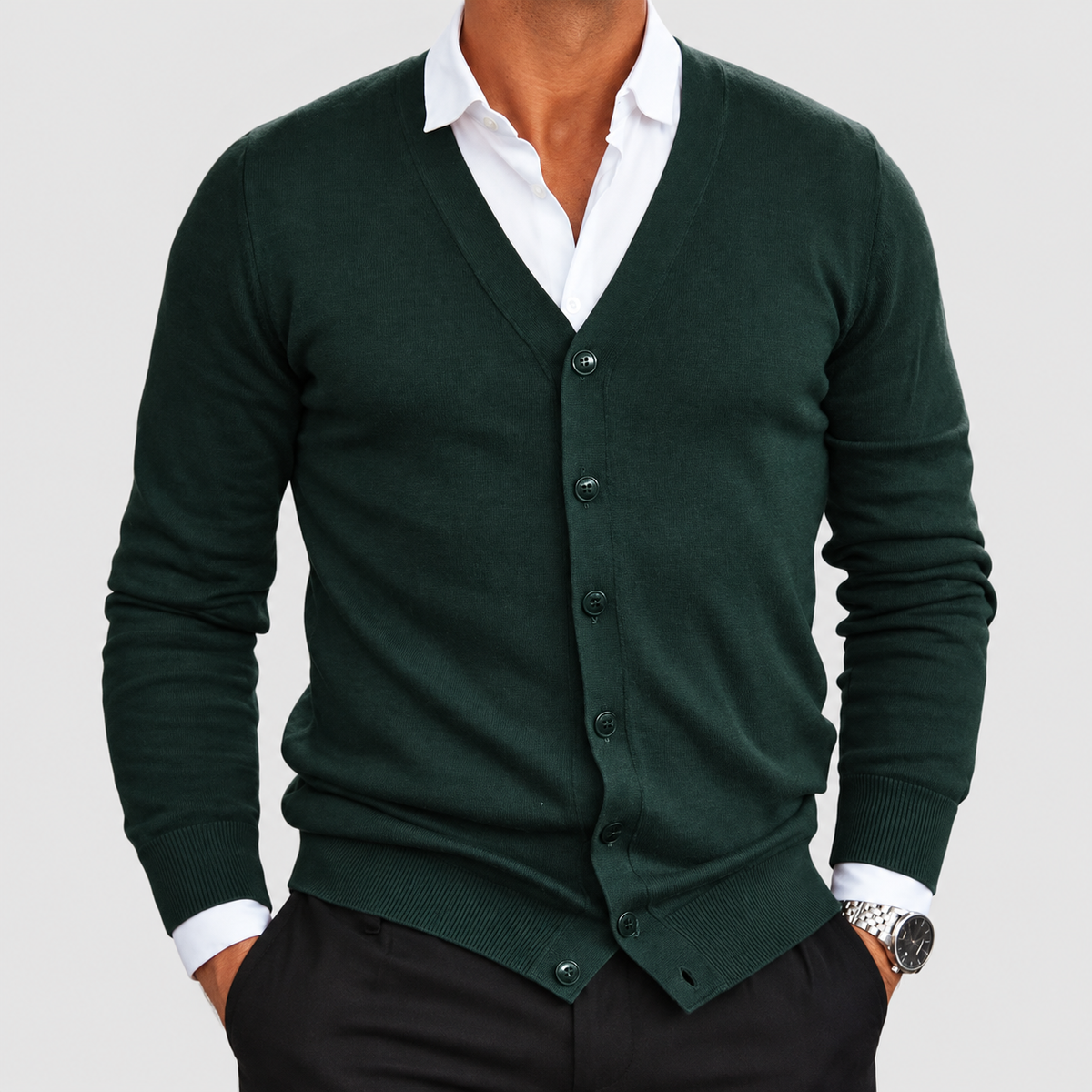 Men's V-Neck Button-Front Knit Cardigan with Ribbed Cuffs in Dark Green — view 2