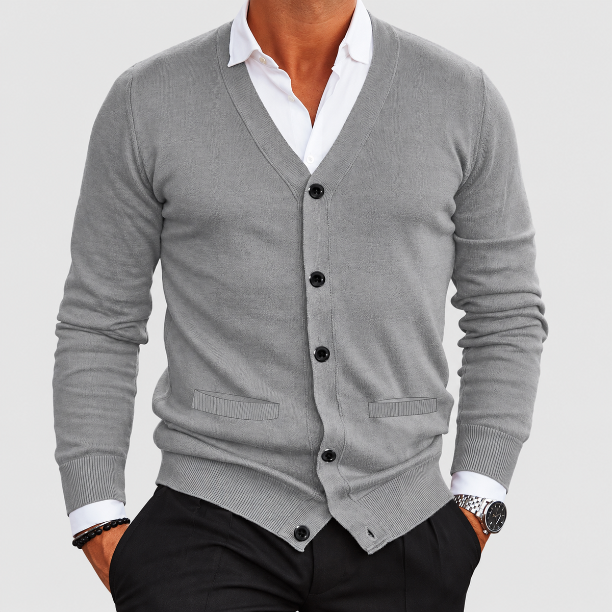 Men's V-Neck Button-Front Knit Cardigan with Ribbed Cuffs — view 6