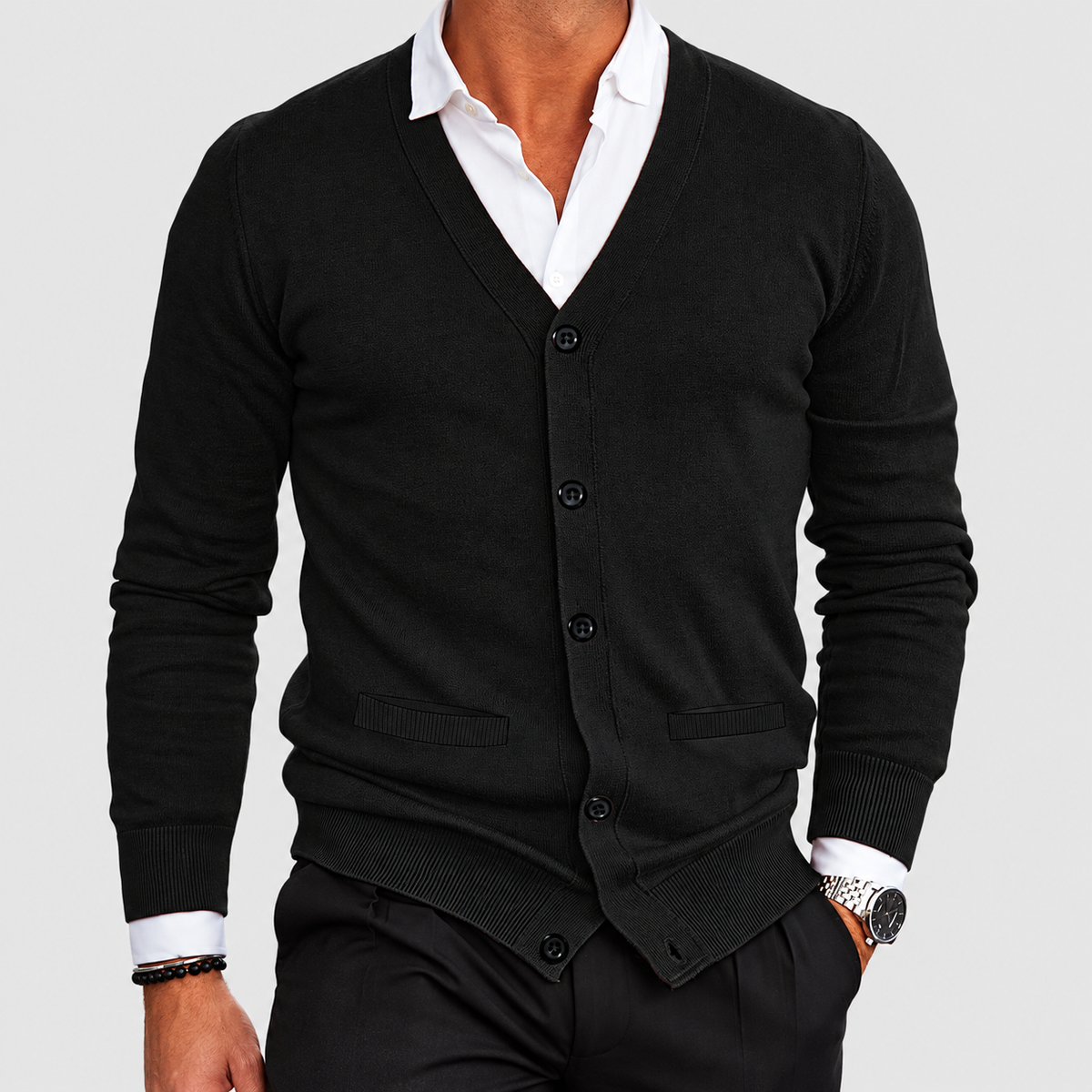 Men's V-Neck Button-Front Knit Cardigan with Ribbed Cuffs in Black — view 7