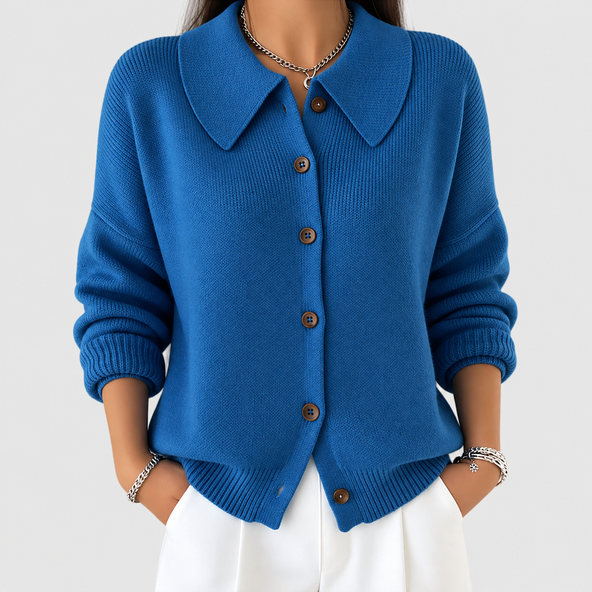 Women's Collared Long-Sleeve Button-Up Cardigan in Blue — view 1