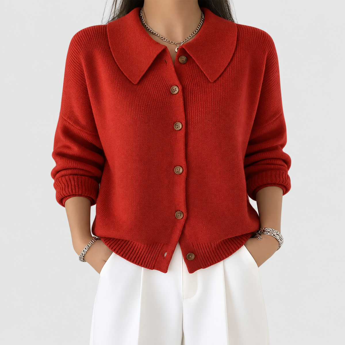 Women's Collared Long-Sleeve Button-Up Cardigan in Red — view 2