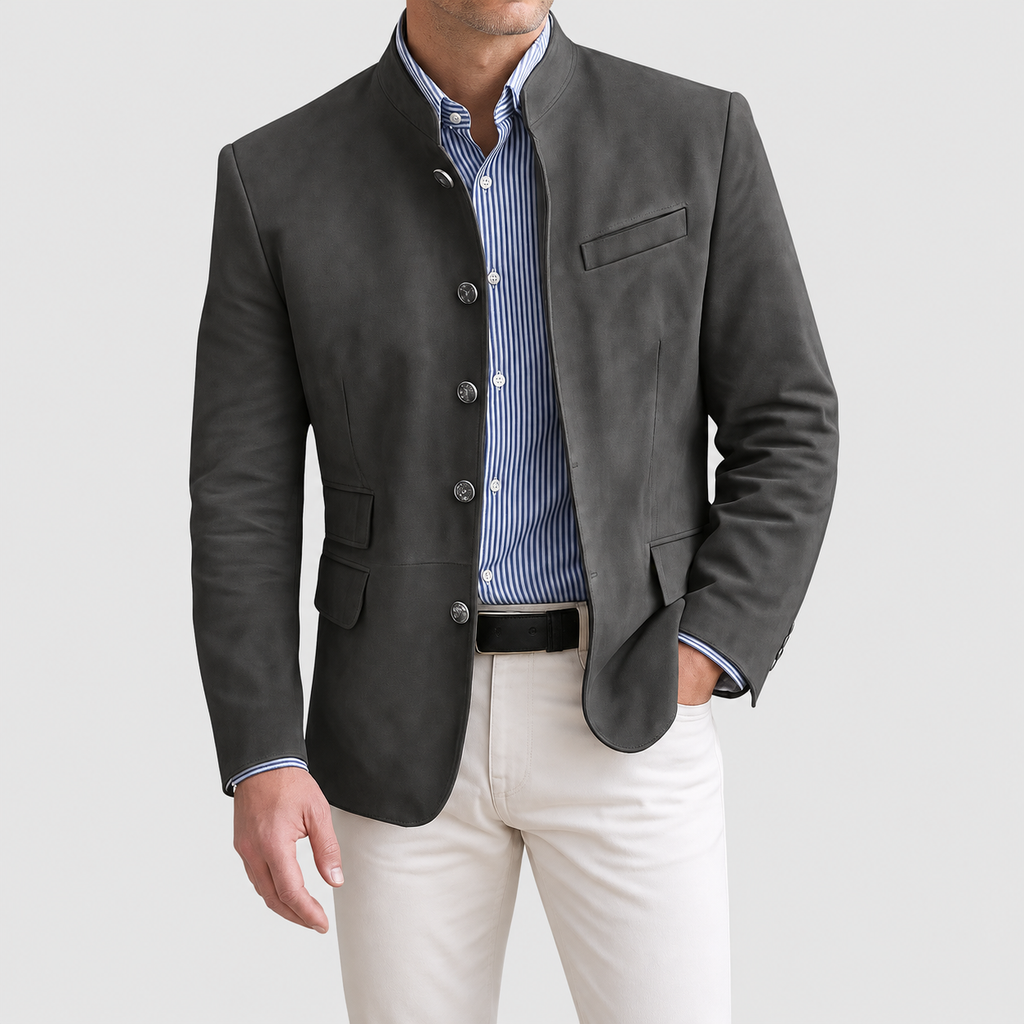 Men's Stand-Collar Button-Front Tailored Jacket in Dark Grey — view 1