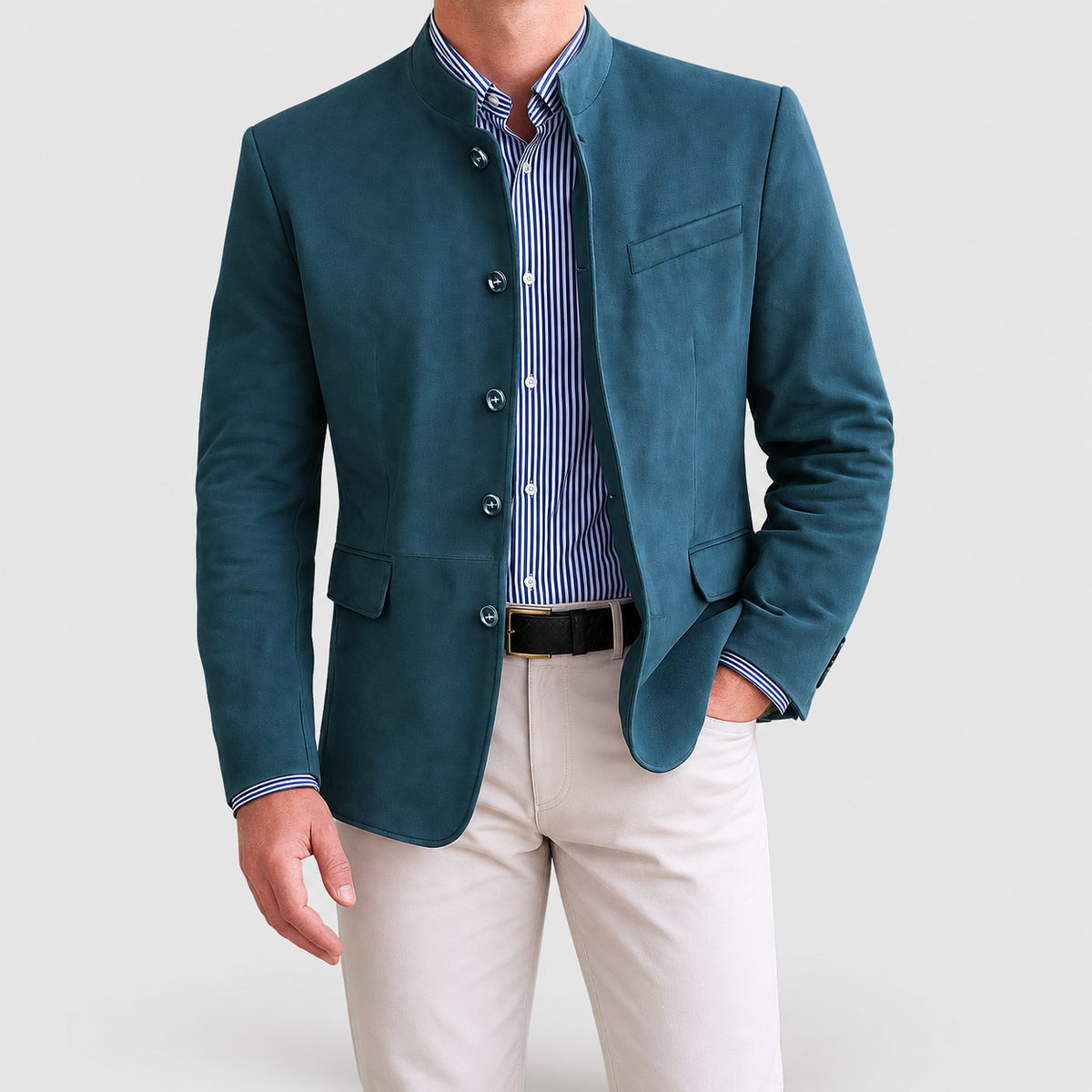 Men's Stand-Collar Button-Front Tailored Jacket in Blue — view 2