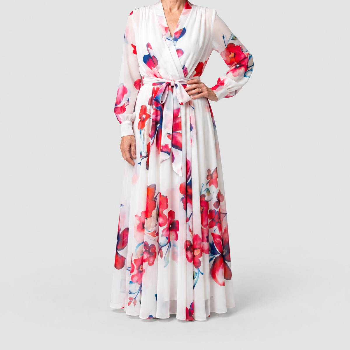 Women's Floral Long-Sleeve Wrap Maxi Dress in Red — view 1