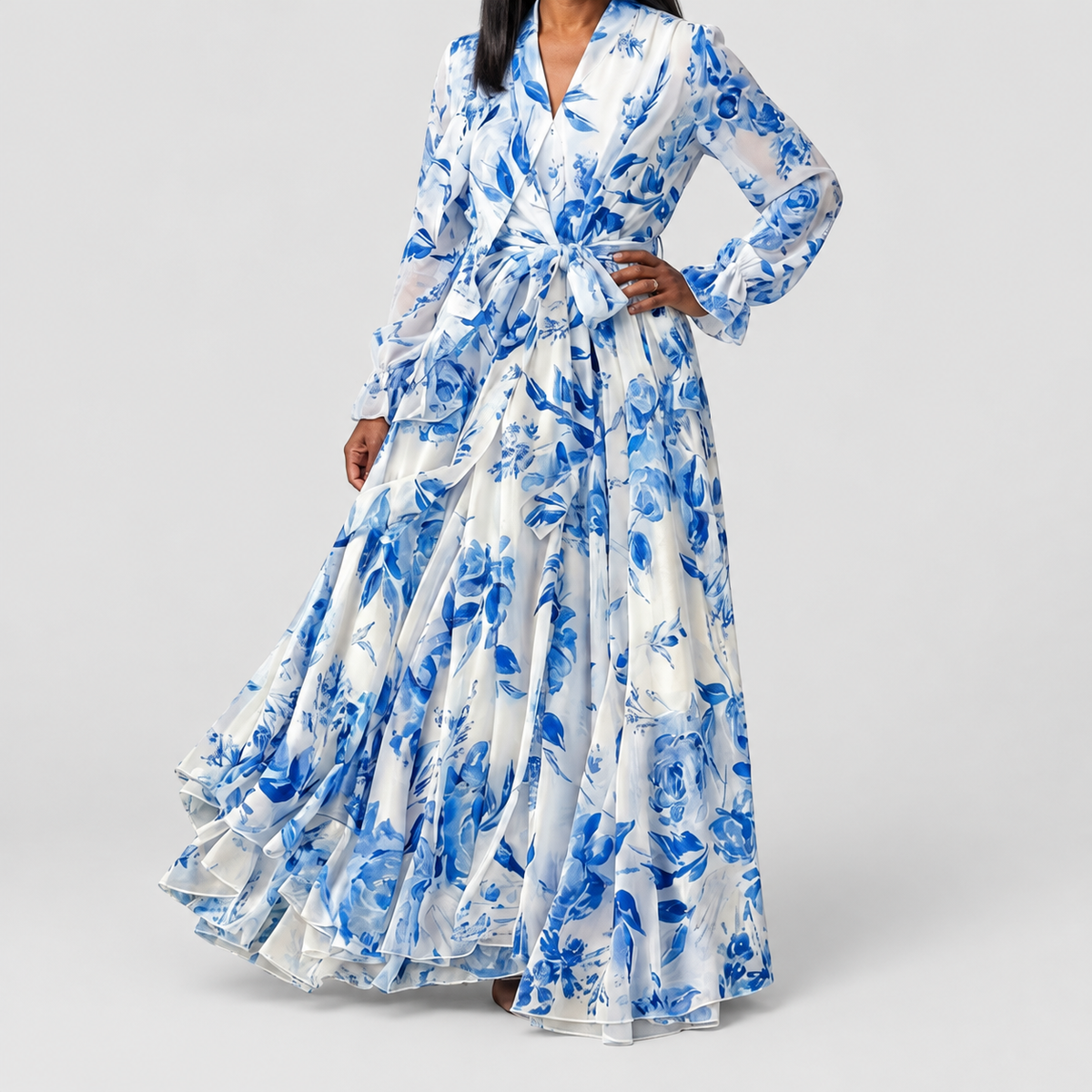 Women's Floral Long-Sleeve Wrap Maxi Dress in Blue — view 2