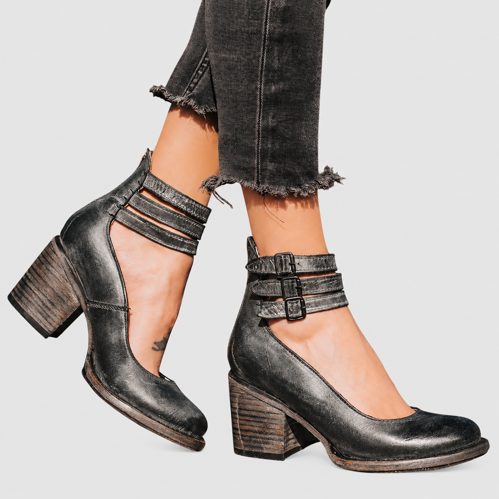 Women's Block-Heel Shoes with Triple Ankle Straps in Black — view 2