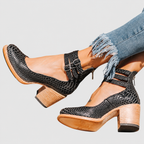 Women's Block-Heel Shoes with Triple Ankle Straps in Black Snake — view 6