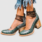 Women's Block-Heel Shoes with Triple Ankle Straps in Green Snake — view 8
