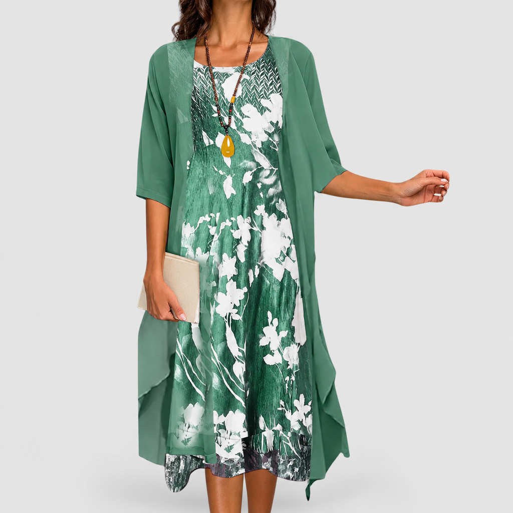 Women's Printed Midi Dress and Jacket Two-Piece Set with Three-Quarter Sleeves in Floral Green — view 1