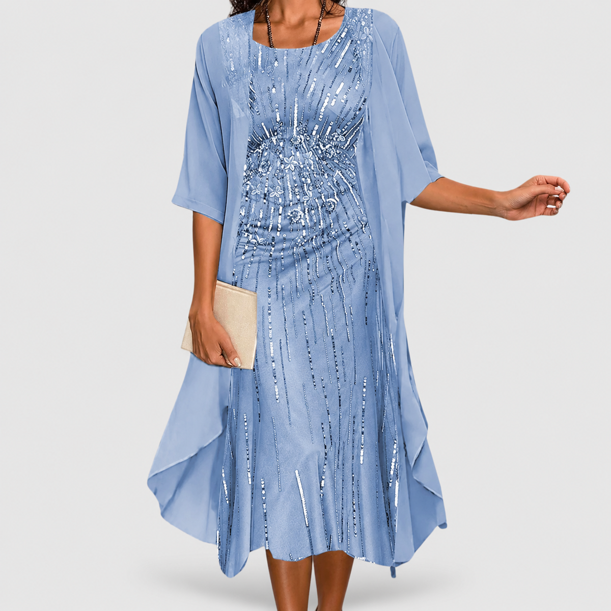 Women's Printed Midi Dress and Jacket Two-Piece Set with Three-Quarter Sleeves in Blue — view 4