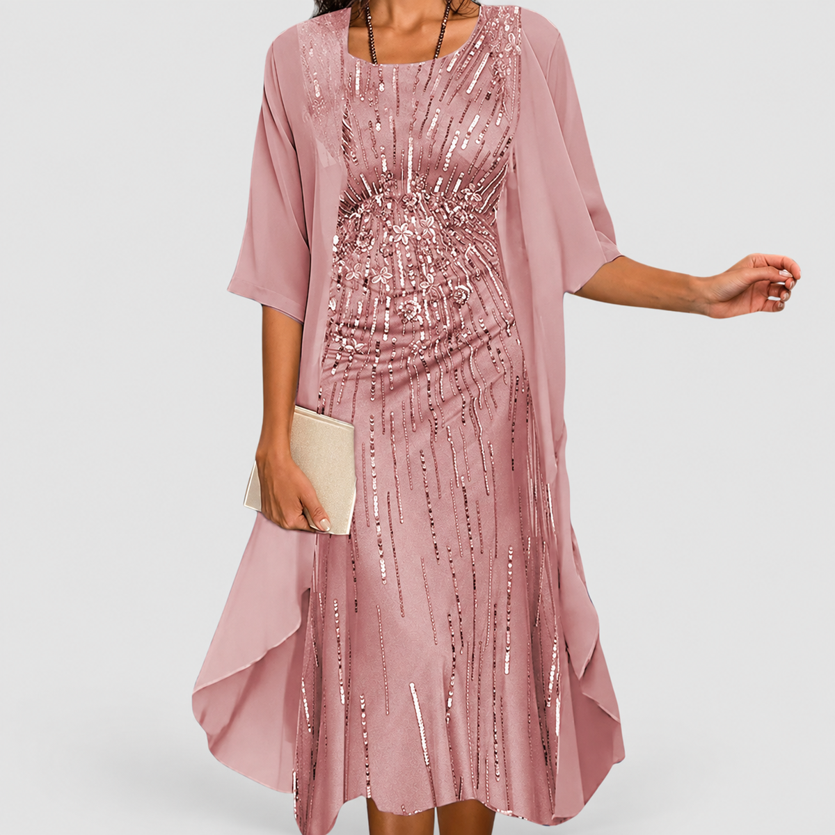 Women's Printed Midi Dress and Jacket Two-Piece Set with Three-Quarter Sleeves in Pink — view 5