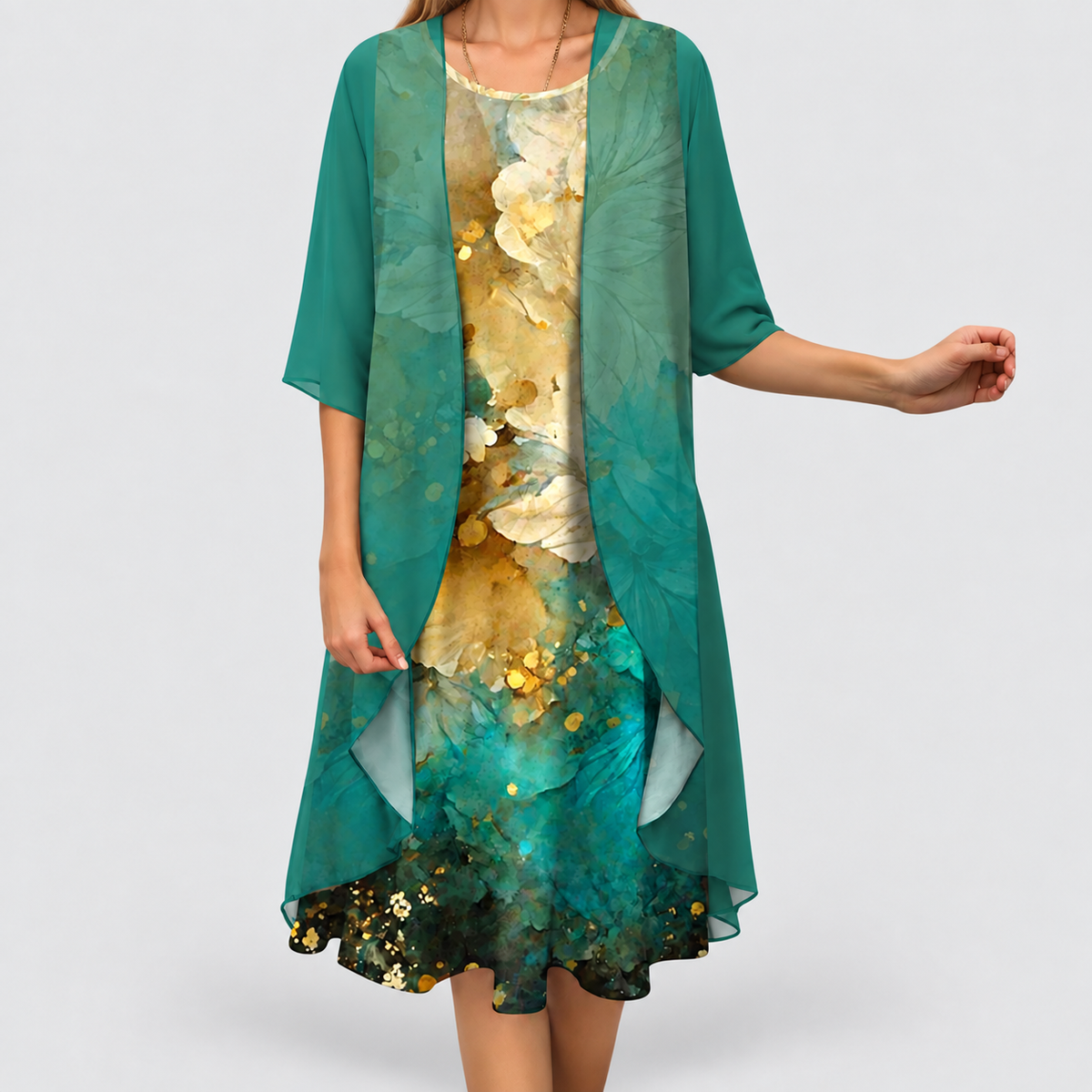 Women's Printed Midi Dress and Jacket Two-Piece Set with Three-Quarter Sleeves in Green Pattern — view 6